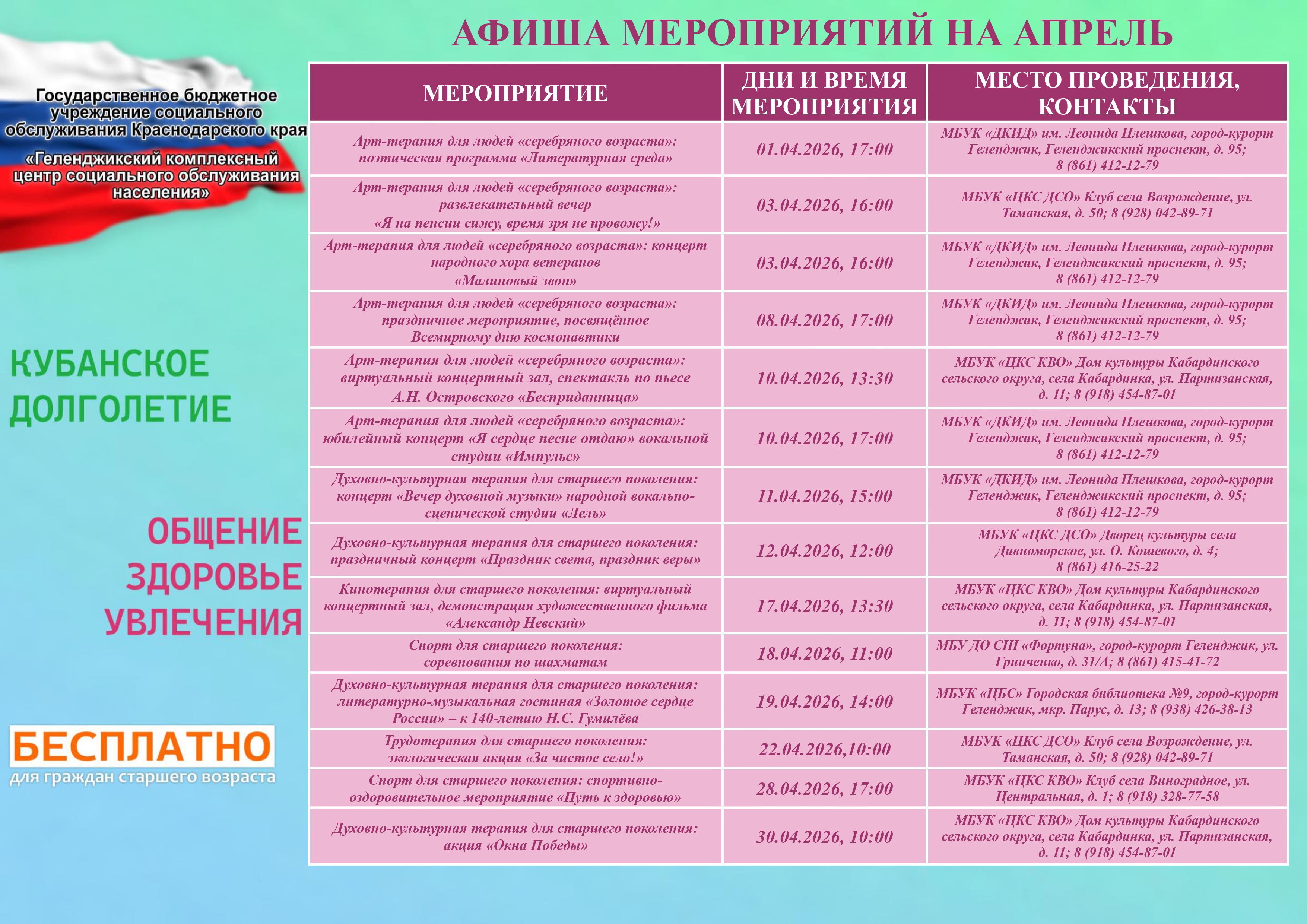 Афиша мероприятий на апрель 2026 года